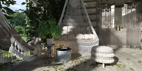hanging chair with cushions in a lush outdoor setting, creating a cozy relaxation area, featuring bohemian style elements, leveraging Homestyler's real-time 3D rendering for effective interior design visualization.