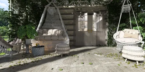 hanging chairs with cushions providing a cozy seating area in a lush garden patio design, featuring indoor plant decor, utilizing Homestyler's real-time 3D rendering for a lifelike preview.