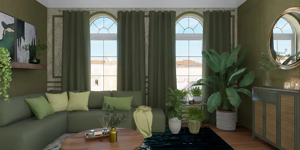 a living room with a couch, table, and windows 