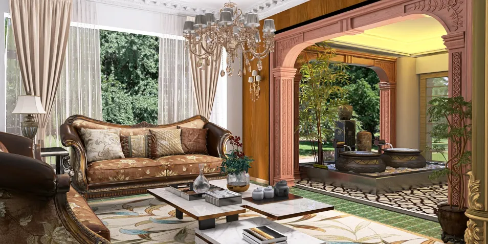 luxurious living room with elegant furniture showcasing a vintage style and incorporating a serene indoor fountain space using Homestyler's real-time 3D rendering feature
