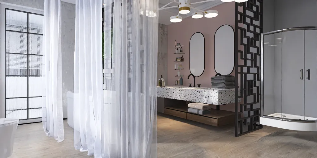 a bathroom with a tub, sink, and mirror 