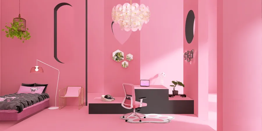a bedroom with a pink wall and a pink wall 