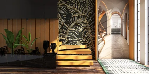 modern interior design featuring a sleek black countertop and wooden accents, showcasing a botanical wall design and stylish staircase, designed using Homestyler's real-time 3D rendering for seamless design proposal visualization.