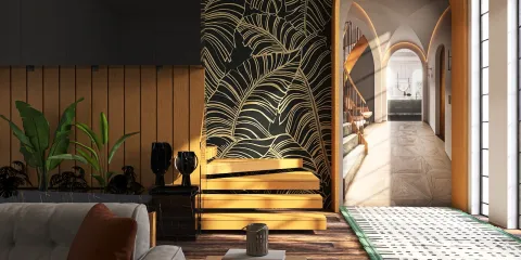 Living room featuring a tropical leaf wallpaper design, showcasing an innovative layout with a focus on indoor greenery, enhanced by Homestyler's real-time 3D rendering for accurate interior design visualization.