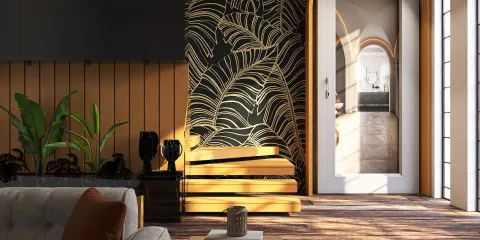 living room with tropical wallpaper design featuring a large palm leaf pattern, showcasing modern decor and optimized space arrangement using smart furniture placement features of Homestyler.