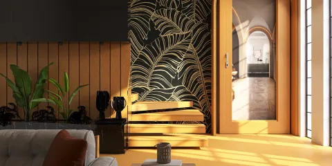 modern entryway featuring tropical leaf wallpaper and bright yellow door, designed with a cozy living room ambiance, utilizing Homestyler's real-time 3D rendering for seamless interior design visualization.