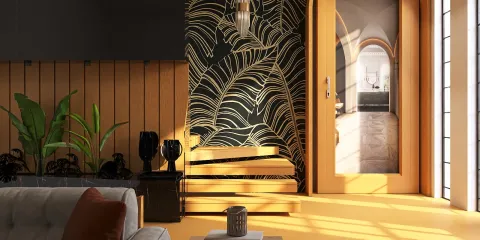 A modern entrance hallway featuring a bold palm leaf wallpaper design, showcasing a vibrant yellow door that enhances the overall aesthetic. This interior design utilizes Homestyler’s real-time 3D rendering feature for a quick visualization of the design concept.
