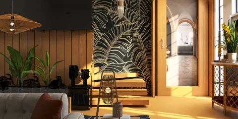 stylish living room design featuring tropical wallpaper and modern furniture arrangement with a focus on space optimization using Homestyler's real-time 3D rendering feature