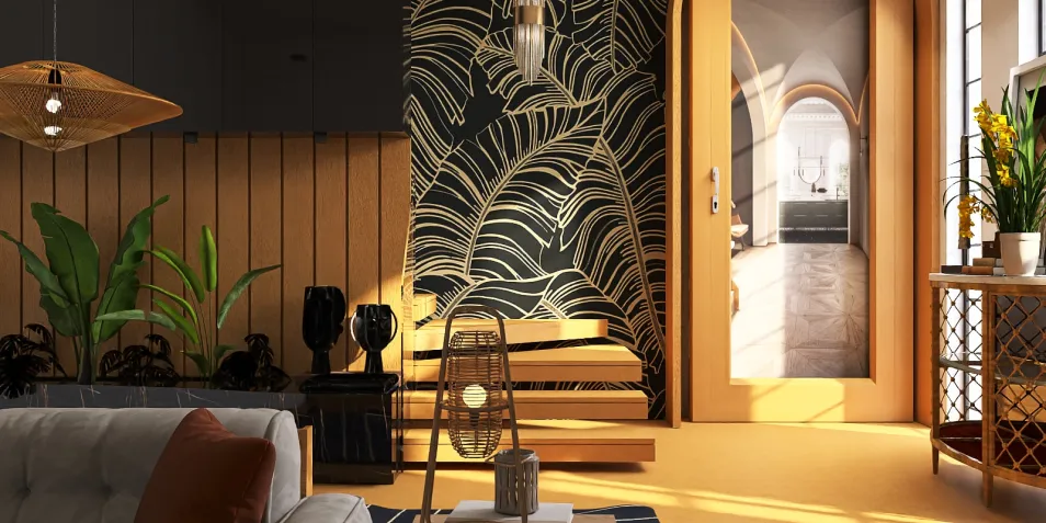 stylish living room design featuring tropical wallpaper and modern furniture arrangement with a focus on space optimization using Homestyler's real-time 3D rendering feature