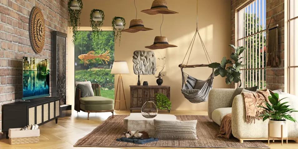 A cozy living room featuring a hammock and stylish seating arrangement, designed using Homestyler's smart furniture layout feature to optimize small space functionality.