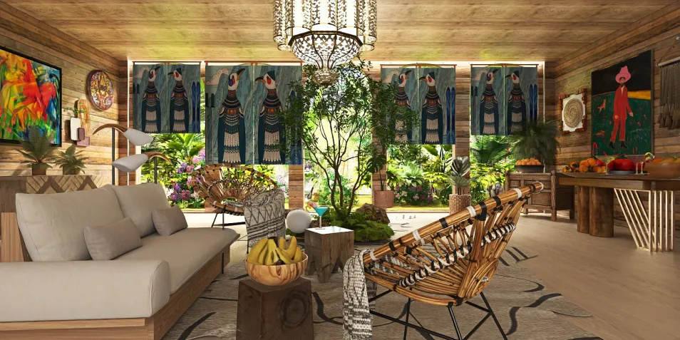 living room with natural light, featuring a cozy sofa and decorative wall art, designed in a rustic style to enhance warmth and tranquility; showcasing the smart furniture arrangement feature of Homestyler.