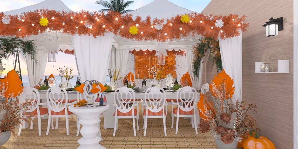 a large table with many decorations and a large table with a large table cloth 
