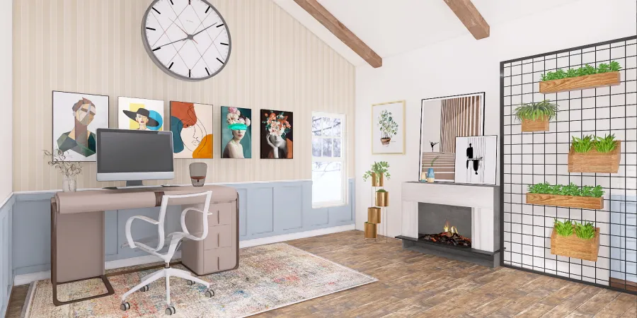 a living room with a clock on the wall 