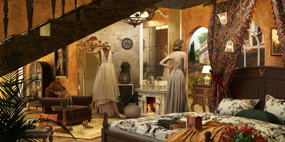 luxurious bedroom with elegant furnishings and vintage decor featuring a bed, an ornate mirror, and a cozy fireplace, showcasing interior design using Homestyler's real-time 3D rendering feature