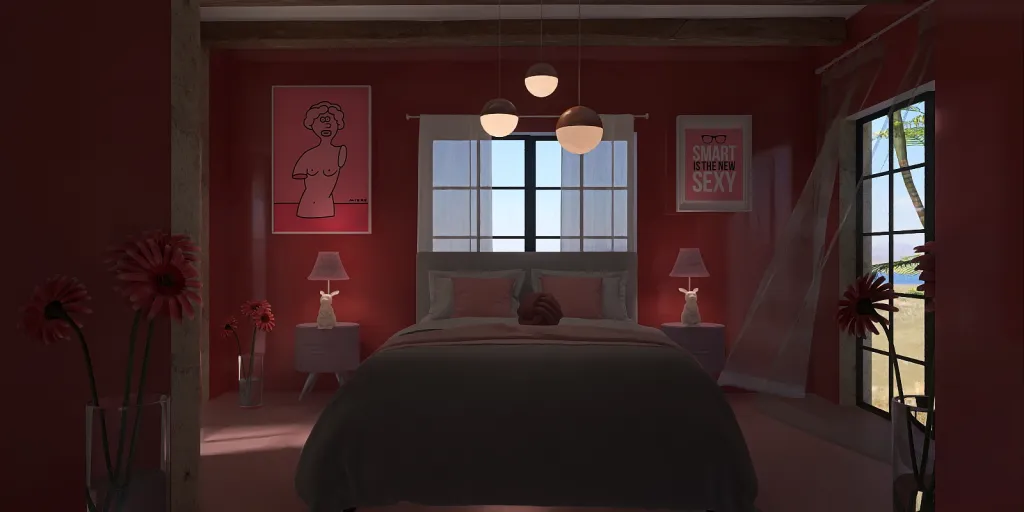 a bedroom with a bed, lamp, and window 