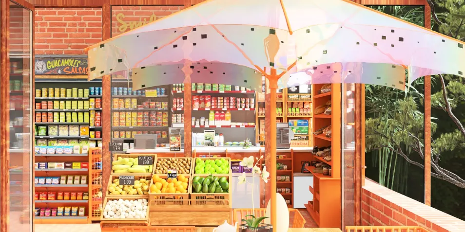 colorful fruit and vegetable display with umbrella in a market design showcasing vibrant style and outdoor space utilization, featuring Homestyler's real-time 3D rendering functionality.