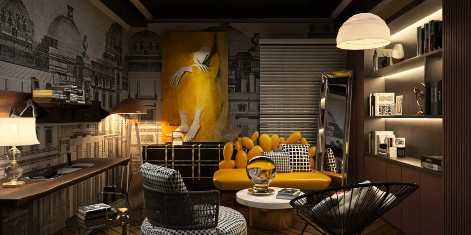 modern living room design featuring a yellow sofa arrangement, accented with elegant decor, in a stylish interior with a warm atmosphere; showcasing Homestyler's real-time 3D rendering functionality for design proposals.