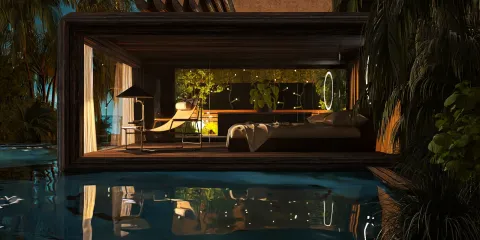 modern bedroom overlooking water with large windows showcasing greenery, designed using Homestyler's real-time 3D rendering for a stunning interior decor preview