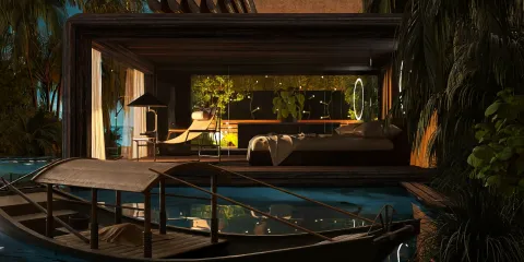 modern bedroom interior design featuring a minimalist layout with large windows and natural elements, showcasing the use of Homestyler's real-time 3D rendering to preview design proposals.