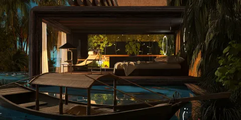 serene bedroom view with a boat on water, showcasing relaxing interior design style in a tropical setting, featuring Homestyler's real-time 3D rendering for immersive visualization.