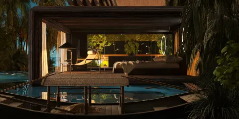 modern wooden house design showcasing an open living space with natural elements and greenery, featuring a cozy seating area and large windows for an immersive indoor-outdoor experience, enhanced by Homestyler's real-time 3D rendering.