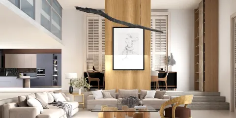 modern living room with minimalist design featuring a large art piece on a wooden accent wall, showcasing interior decor optimization through Homestyler's real-time 3D rendering feature.
