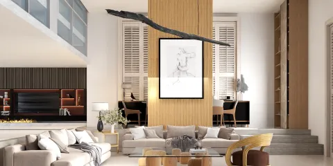 modern living room design featuring a spacious setup with comfortable furniture and artistic decor showcasing a cozy and minimalist style; optimized using Homestyler's real-time 3D rendering for accurate visualization.