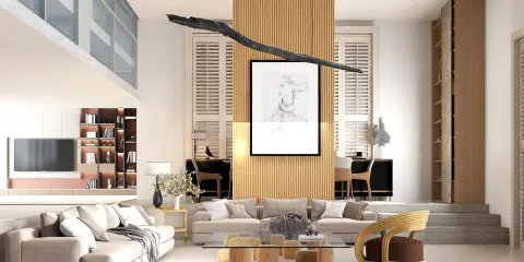 spacious living room featuring modern furniture arrangement with earthy tones and minimalist decor, showcasing an interior design theme, utilizing Homestyler's real-time 3D rendering for an accurate preview of the design.