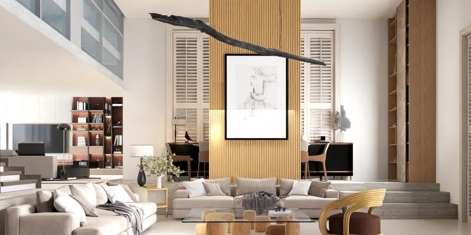 Modern living room featuring a spacious layout with a soft color palette and minimalist design elements, showcasing interior decor through smart furniture arrangement for enhanced space optimization, utilizing Homestyler's real-time 3D rendering for a visual preview.