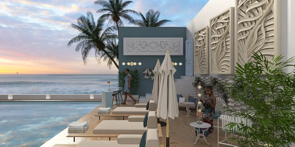 outdoor patio area featuring lounge chairs and a pool, designing a relaxing beachside retreat in coastal style, showcasing Homestyler's real-time 3D rendering feature.