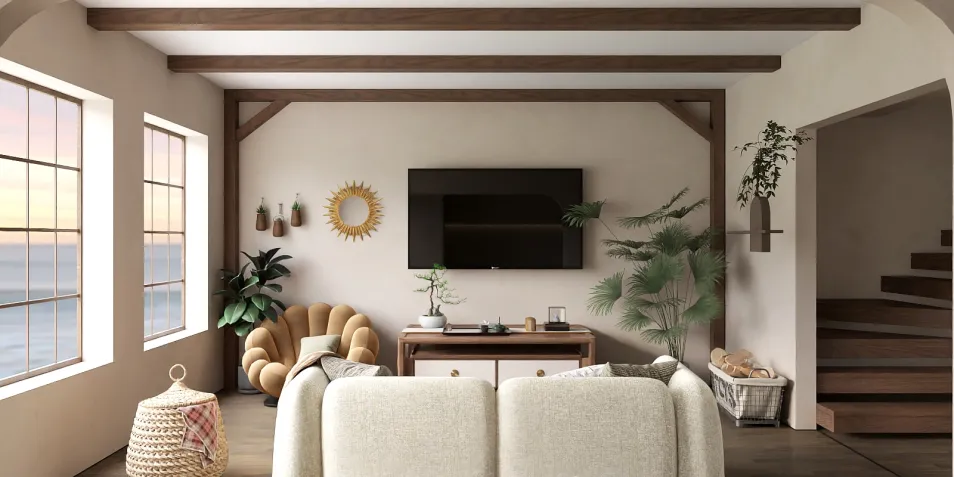 cozy living room design featuring a modern sofa and wooden beams, showcasing a warm ambiance and a view of the ocean, utilizing Homestyler's real-time 3D rendering feature.