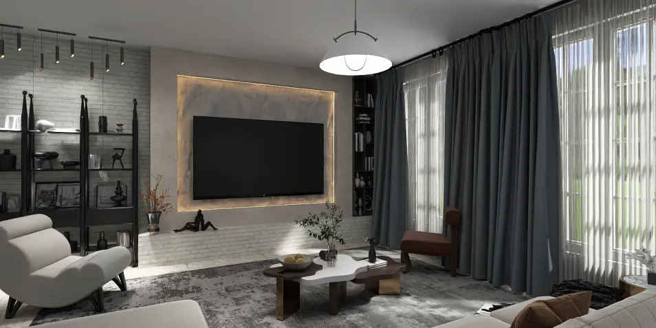 modern living room featuring a cozy seating arrangement and a stylish TV display, showcasing an elegant interior decor style, highlighting Homestyler's real-time 3D rendering feature for design proposals.