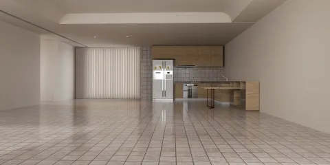 empty kitchen space featuring modern cabinetry and tiled flooring, designed for open-concept living, showcasing Homestyler's real-time 3D rendering capability for instant visual previews.