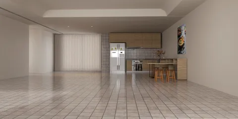modern kitchen design featuring an open layout with wooden cabinetry and tiled flooring showcasing a realistic 3D rendering, utilizing Homestyler's real-time rendering feature