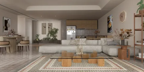 modern living room design featuring a spacious layout with a stylish sectional sofa and wooden coffee table, showcasing interior decor elements; utilizing Homestyler's real-time 3D rendering for enhanced design visualization.