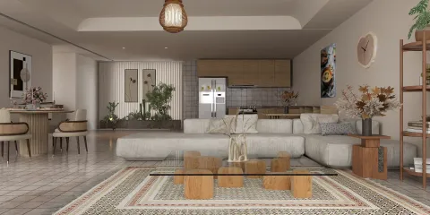 Living room with cozy sofa arranged in contemporary style, featuring open space design, showcasing modern interior decor using Homestyler's real-time 3D rendering feature.