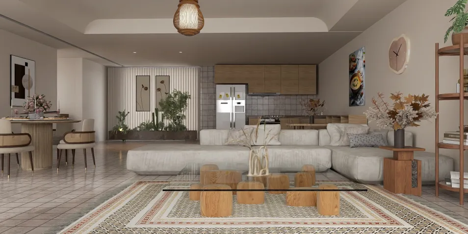 Living room with cozy sofa arranged in contemporary style, featuring open space design, showcasing modern interior decor using Homestyler's real-time 3D rendering feature.