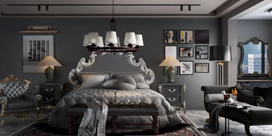 luxurious bedroom design featuring an elegant vintage bed arrangement with rich furnishings in a modern style, showcasing interior decor expertise, utilizing Homestyler's real-time 3D rendering feature for quick visualization.