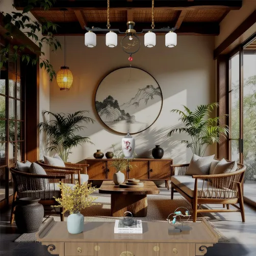 cozy living room with traditional furniture arrangement showcasing a calming atmosphere featuring decorative plants and ambient lighting in a contemporary Asian style, utilizing Homestyler's 3D rendering feature for accurate design visualization.