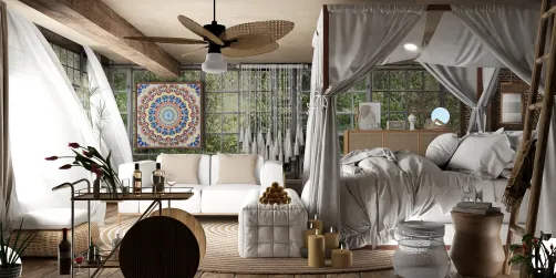 spacious living room featuring elegant furniture arrangement in a modern bohemian style, emphasizing comfort and tranquility, showcasing Homestyler's real-time 3D rendering feature