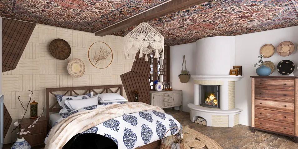 bohemian bedroom design featuring a cozy bed arrangement with patterned bedding and a rustic fireplace, showcasing an artisanal aesthetic, utilizing Homestyler's real-time 3D rendering feature.