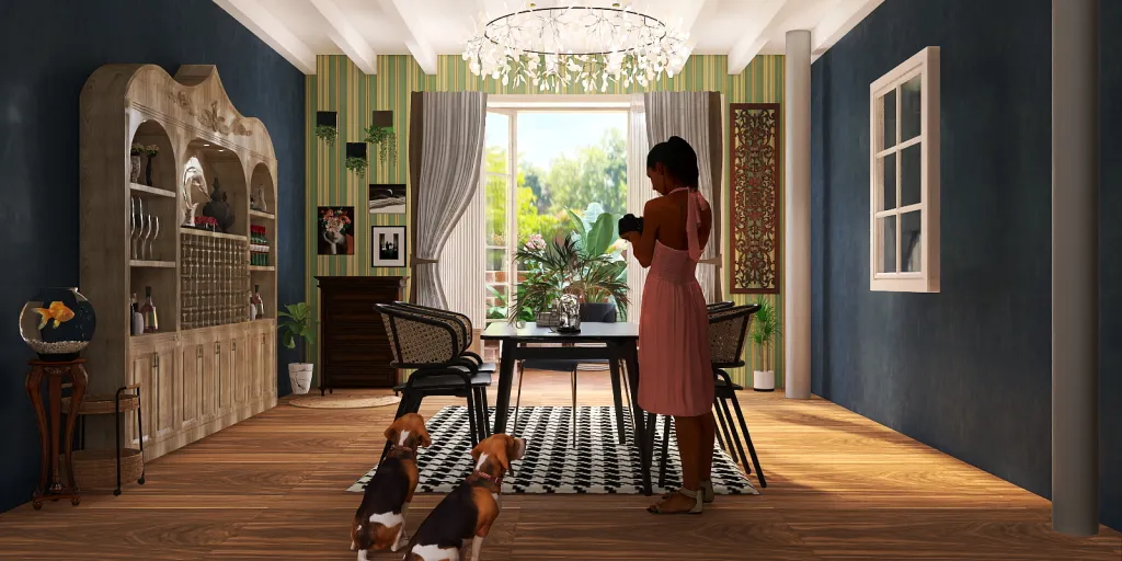 a woman standing in front of a door with a dog 