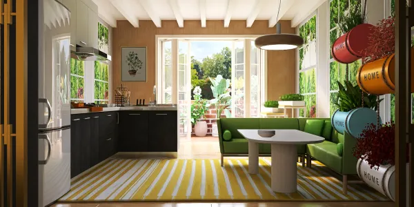 modern kitchen design showcasing an open layout with green furnishings and natural light, featuring a cozy seating area and vibrant decor, highlighting Homestyler's real-time 3D rendering capability for realistic space preview.