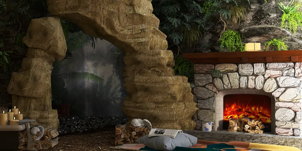 a fire place with a stone fireplace and a stone wall 
