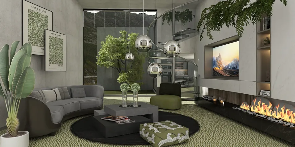 modern living room featuring a stylish sofa arranged around a circular rug, showcasing a contemporary aesthetic with greenery accents; utilizes Homestyler's real-time 3D rendering for design proposals.