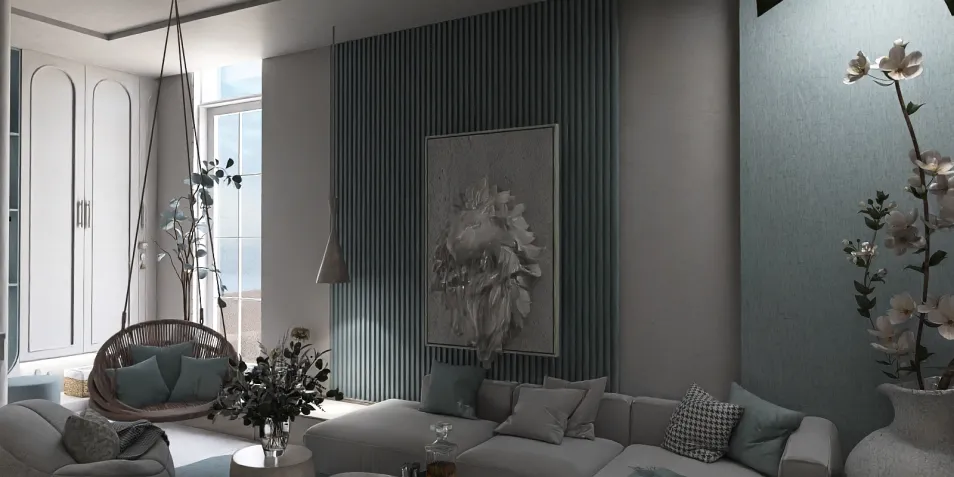 modern living room with a cozy sofa and elegant decor, incorporating a light palette and soft textures, showcasing interior design with Homestyler's real-time 3D rendering feature.