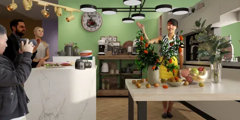 A vibrant kitchen scene featuring a chef preparing a colorful fruit display on a central island, showcasing modern design elements and a cozy atmosphere, optimized for interior home decor using Homestyler's real-time 3D rendering.