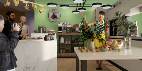 An interactive kitchen scene featuring a person presenting a vibrant arrangement of fresh fruits and plants, showcasing modern interior design with a focus on smart furniture arrangement, optimized for small spaces using Homestyler's real-time 3D rendering.