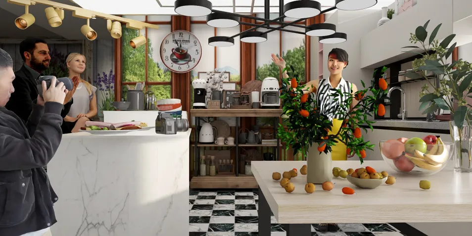 kitchen interior design showcasing a modern family gathering with vibrant floral arrangements and stylish decor, featuring Homestyler's real-time 3D rendering for accurate design previews.