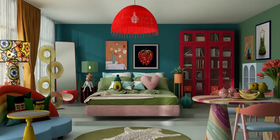 vibrant bedroom arrangement showcasing bedding and decor with a playful style, utilizing Homestyler's real-time 3D rendering for instant design previews